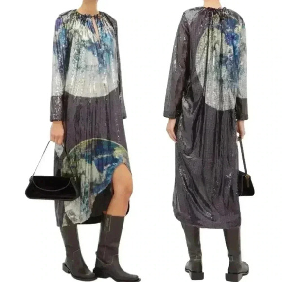 Ganni Sequin Mesh Dress Earth Blue‎ Size 36  EU (4 Small US) Fits larger - Picture 11 of 11